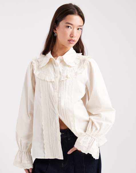 Miss Selfridge poplin embroidered shirt in cream - view 1