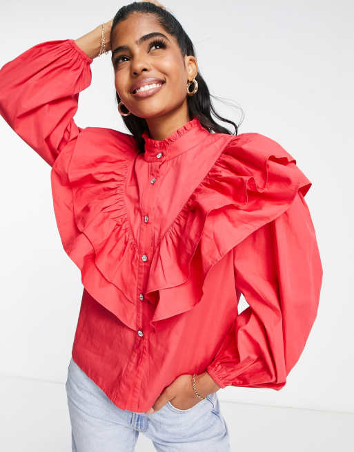 Miss Selfridge poplin extreme frill detail diamante button shirt in red