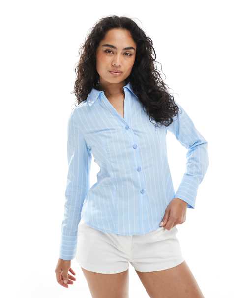 MIss Selfridge poplin fitted shirt in blue pinstripe - view 1