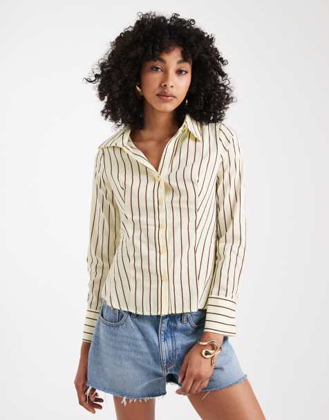 Miss Selfridge poplin fitted shirt in buttermilk stripe - view 1