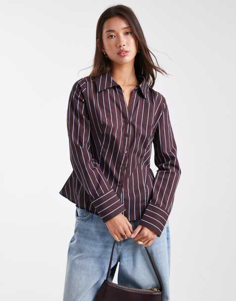Miss Selfridge poplin fitted shirt in chocolate pinstripe - view 1