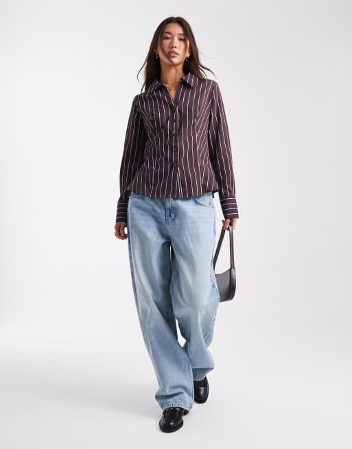 Miss Selfridge poplin fitted shirt in chocolate pinstripes