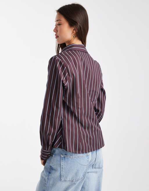 Miss Selfridge poplin fitted shirt in chocolate pinstripes
