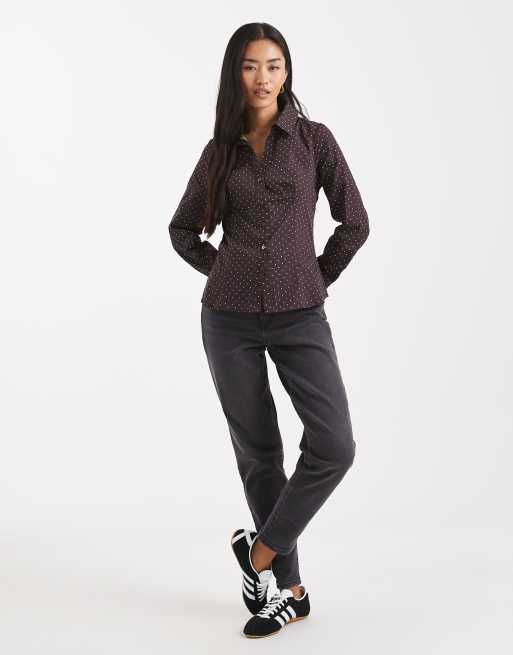 Miss Selfridge poplin fitted shirt in chocolate polka dot, 2 of 4