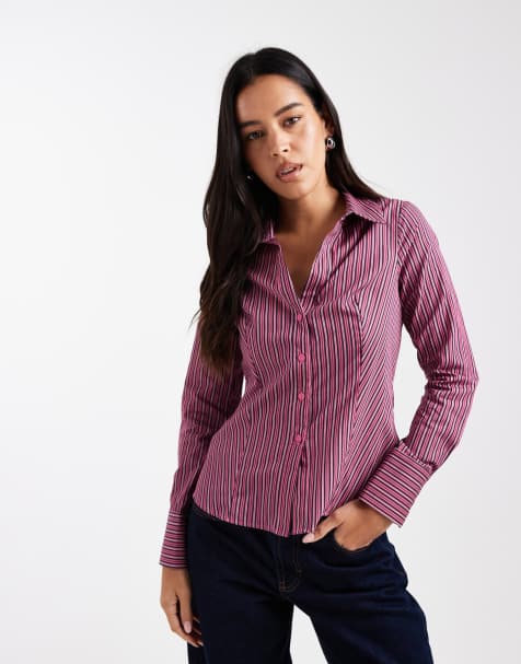 Miss Selfridge poplin fitted shirt in fig and pink stripe - view 1