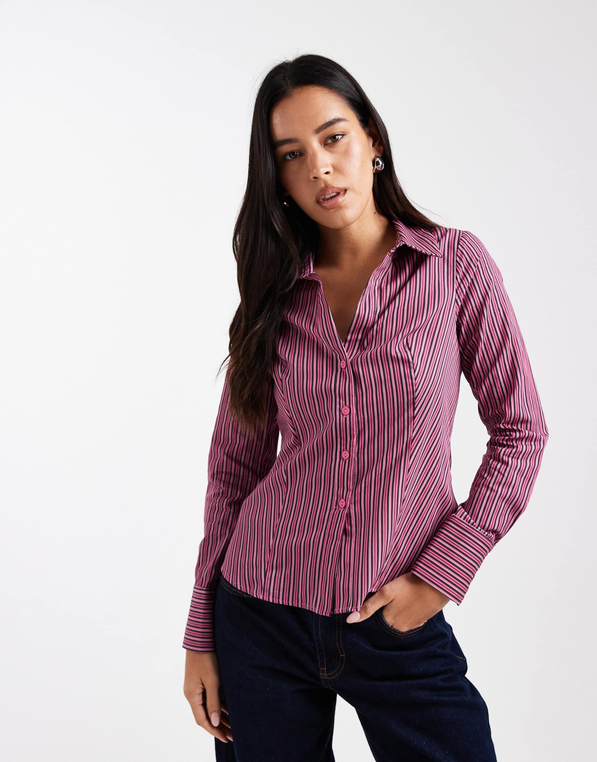 miss selfridge poplin fitted shirt in fig and pink stripes