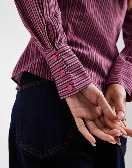 Miss Selfridge poplin fitted shirt in fig and pink stripes, 3 of 4