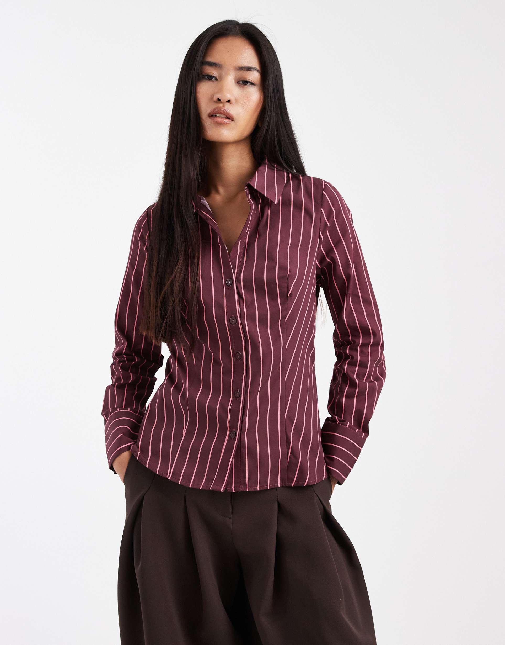 miss selfridge poplin fitted shirt in fig pinstripe