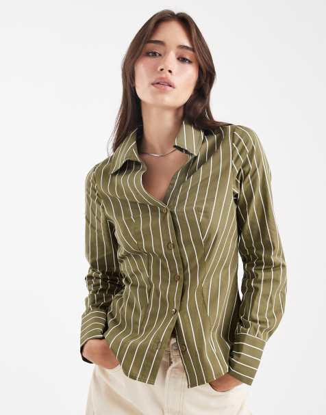 Miss Selfridge poplin fitted shirt in olive stripe - view 1