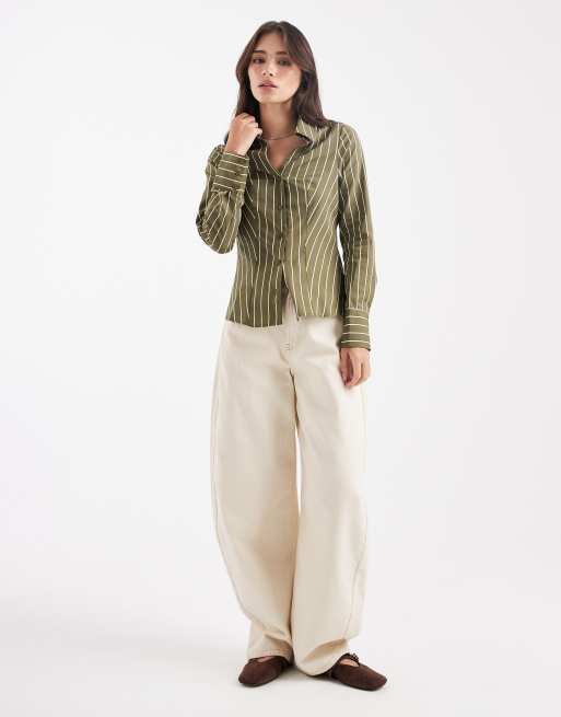 Miss Selfridge poplin fitted shirt in olive stripe