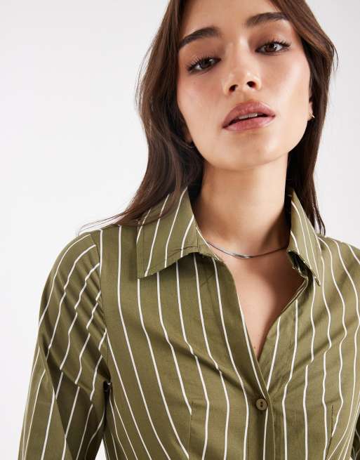 Miss Selfridge poplin fitted shirt in olive stripe