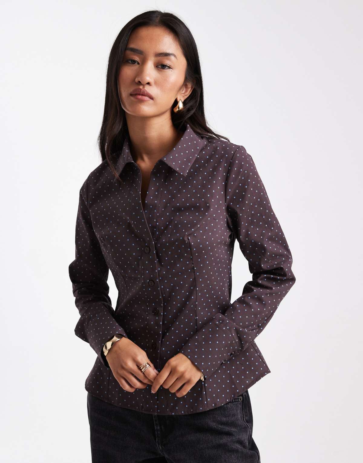 Miss Selfridge poplin fitted shirt in polka dot
