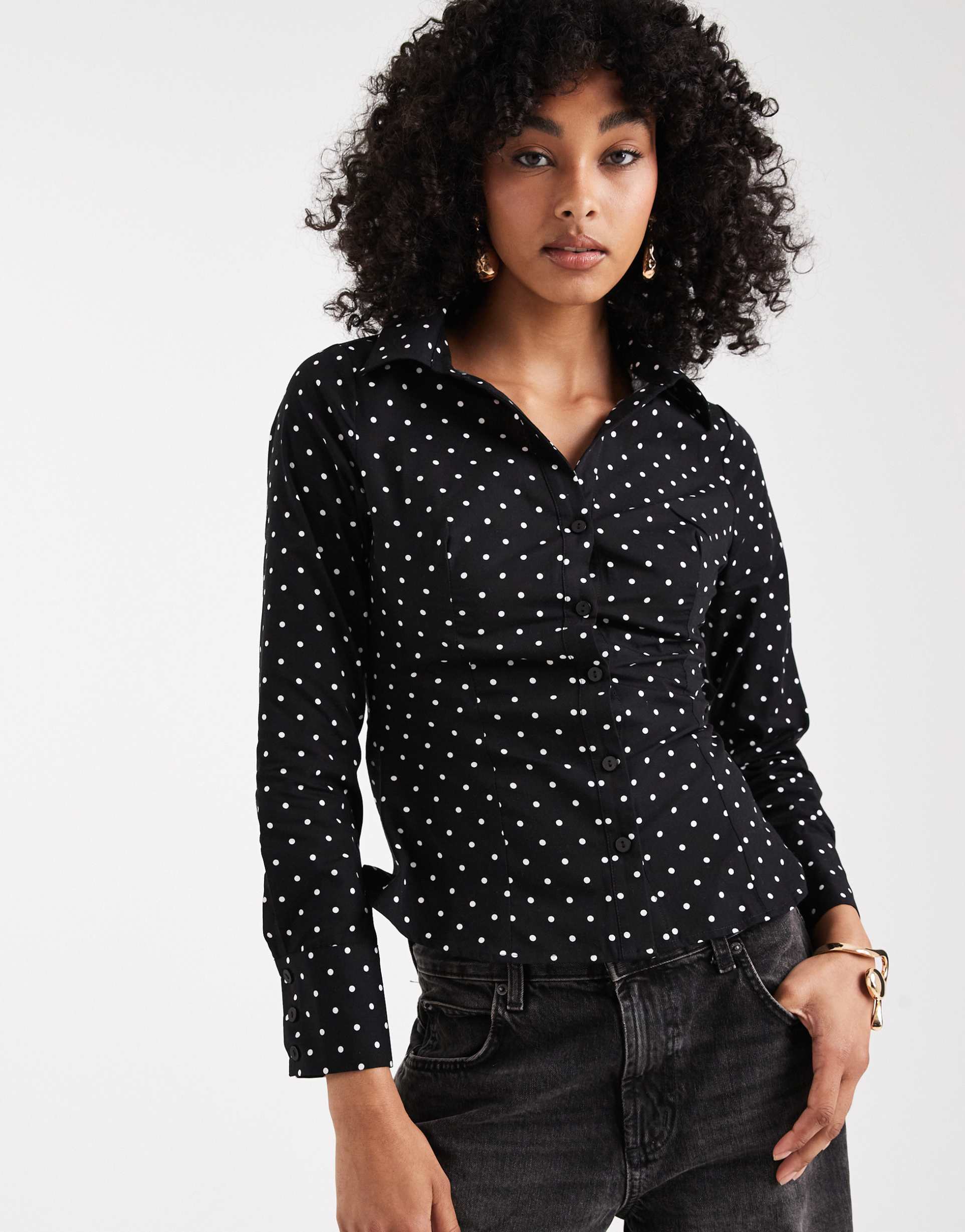 miss selfridge poplin fitted shirt in polka dots
