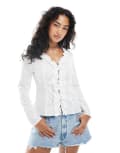 [Miss Selfridge] Miss Selfridge poplin fitted shirt with ruffle detail-White M CREAM