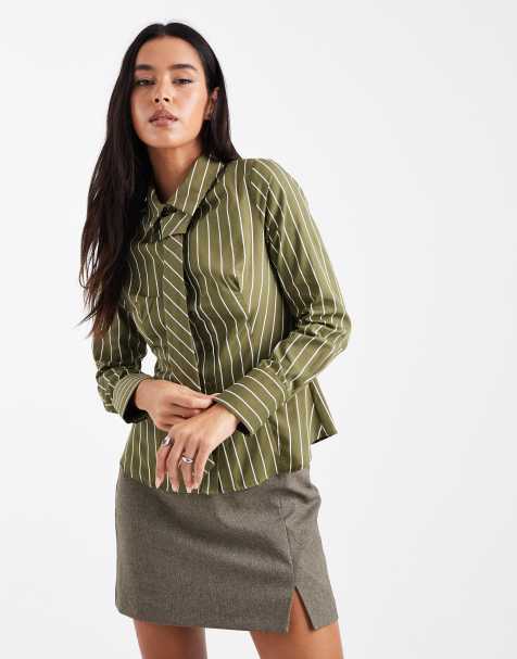 Miss Selfridge poplin fitted shirt with tie in olive - view 1