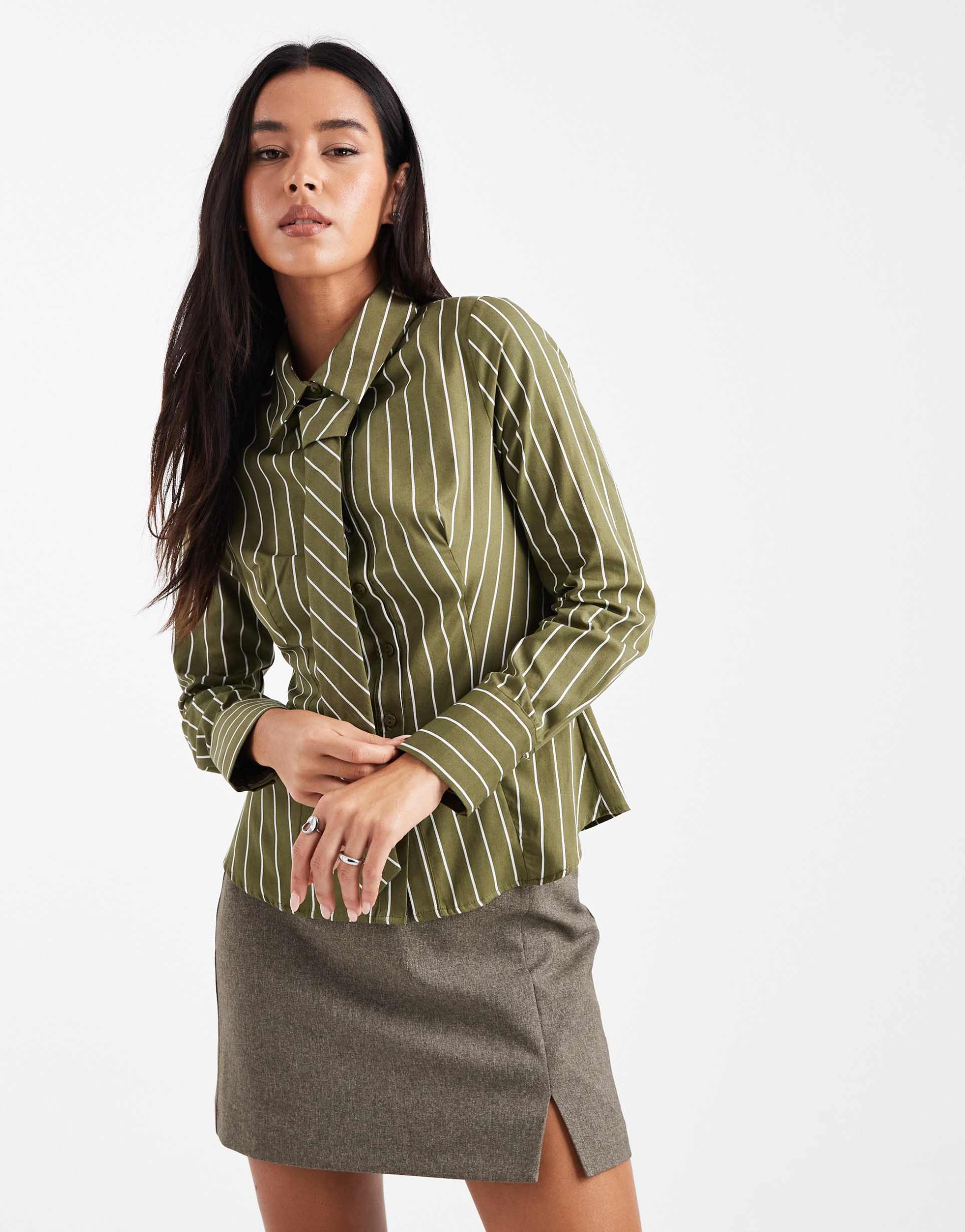 miss selfridge poplin fitted shirt with tie in olive
