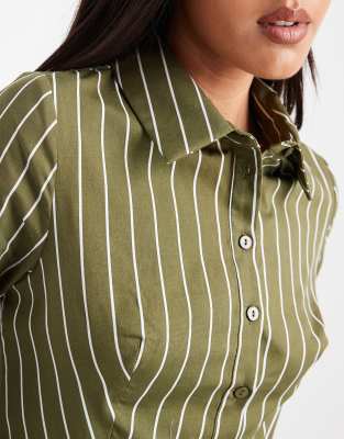 Miss Selfridge Poplin Fitted Shirt With Tie In Green