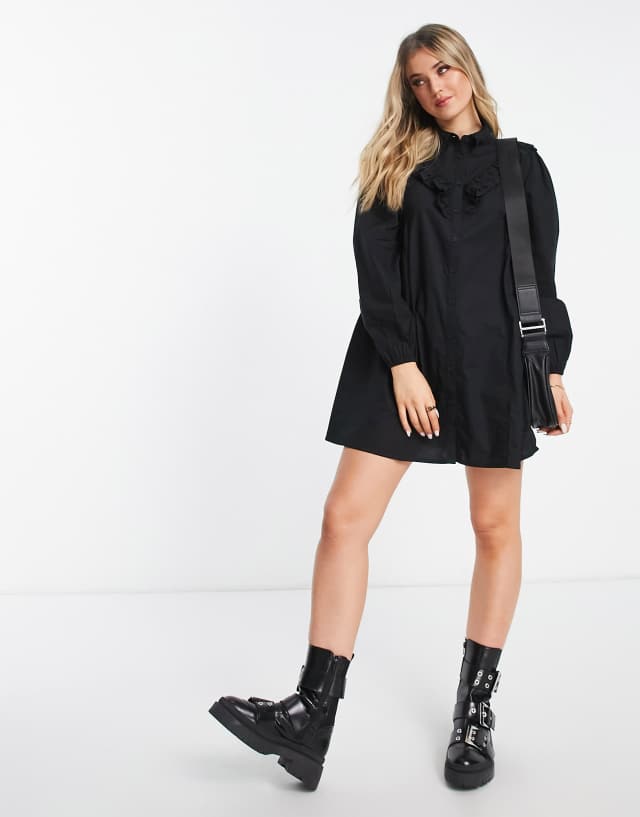 Miss Selfridge poplin frill detail shirt dress in black