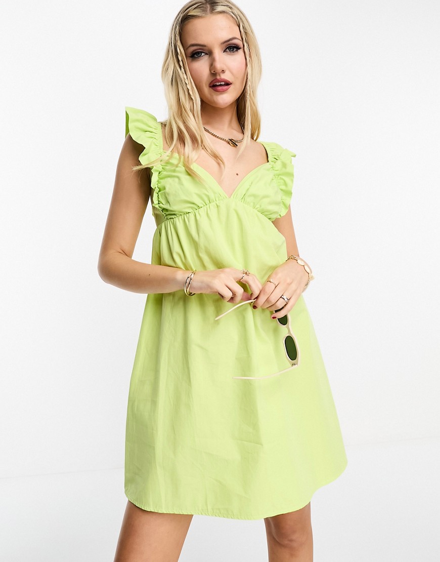 Miss Selfridge poplin frill strap mini sundress with bow back in lime green