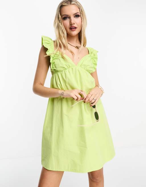 Miss Selfridge poplin frill strap mini sundress with bow back in lime ...