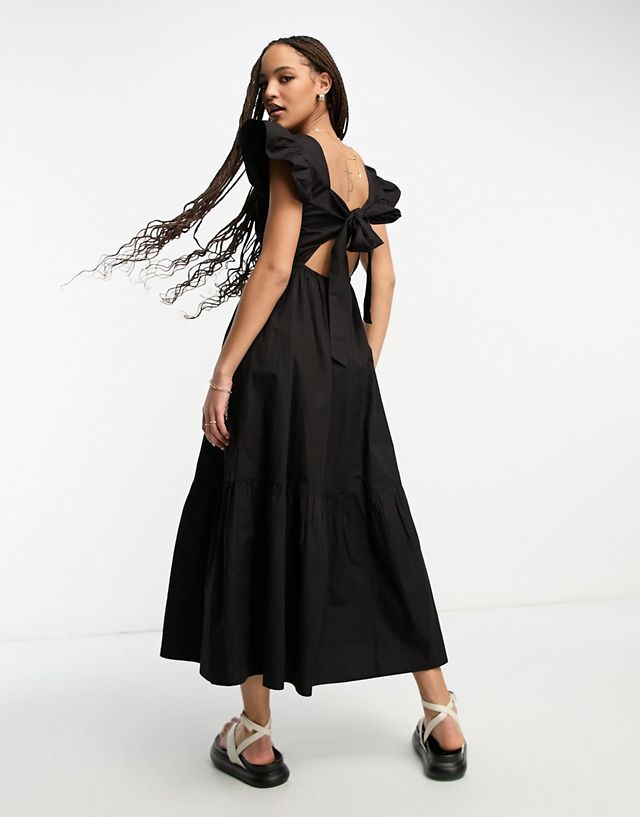 Miss Selfridge poplin frill strap tiered maxi dress in black