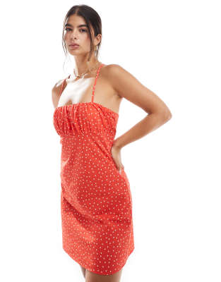 Miss Selfridge poplin lace back mini dress in red polka dot | ASOS