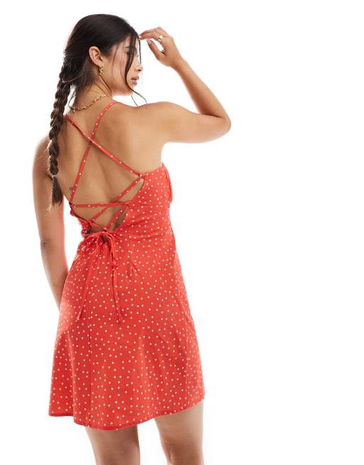 Miss Selfridge poplin lace back mini dress in red polka dot | ASOS