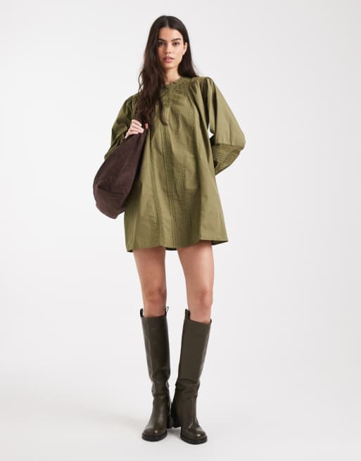 Miss Selfridge poplin Lace Insert Olive Smock dress, 2 of 4