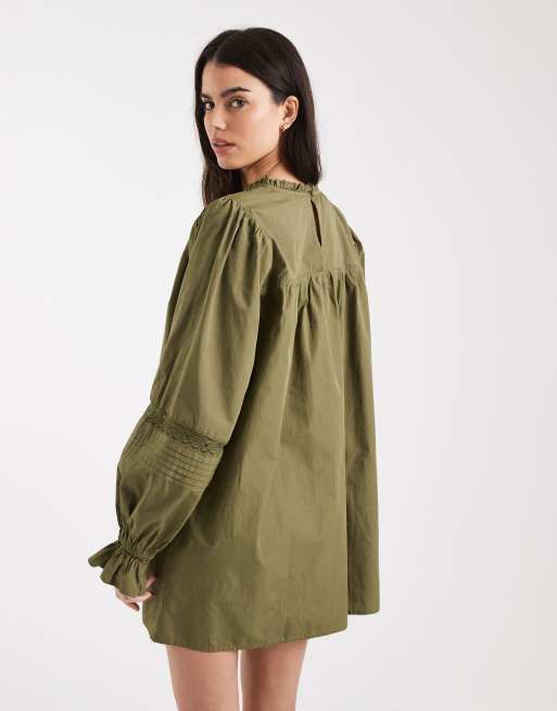 Miss Selfridge poplin Lace Insert Olive Smock dress, 4 of 4