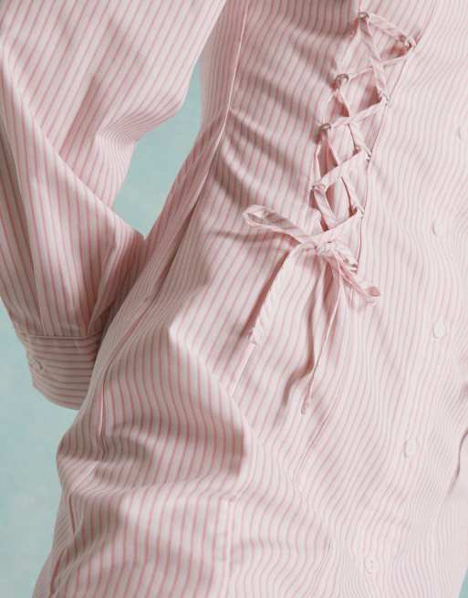 Miss Selfridge poplin lace up mini shirt dress in pink stripe | ASOS