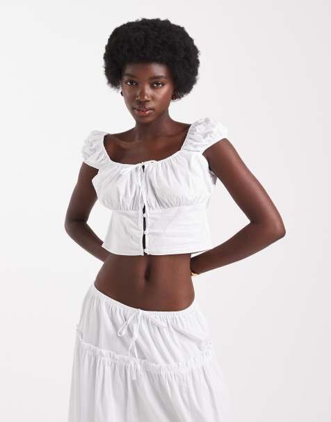 Miss Selfridge poplin milkmaid top co-ord in white