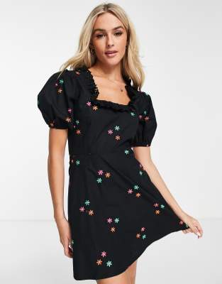 Poplin Mini Dress In Black With Floral Embroidery