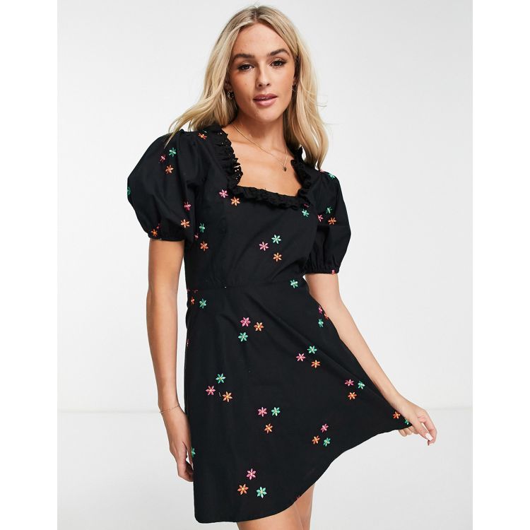 Miss Selfridge poplin mini dress in black with floral embroidery | ASOS