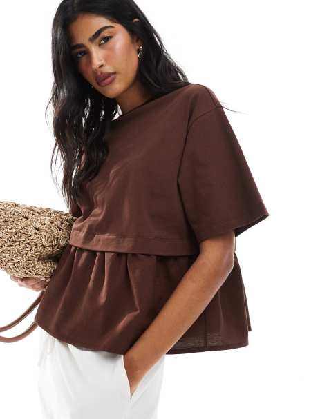Miss Selfridge poplin mix ruffle hem t-shirt in chocolate - view 1