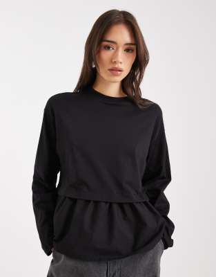 Miss Selfridge Poplin Mix Ruffle Hem T-shirt-black