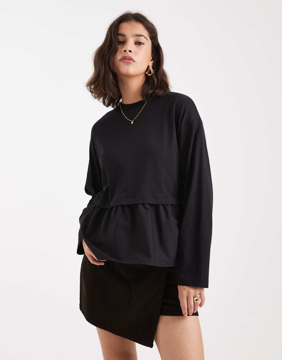 Miss Selfridge poplin mix ruffle hem t-shirt