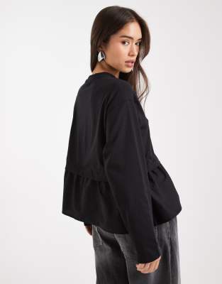 Miss Selfridge Poplin Mix Ruffle Hem T-shirt-black In Black