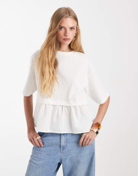 Miss Selfridge poplin mix t-shirt in cream