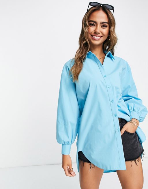 Miss Selfridge poplin oversized shirt in blue | ASOS