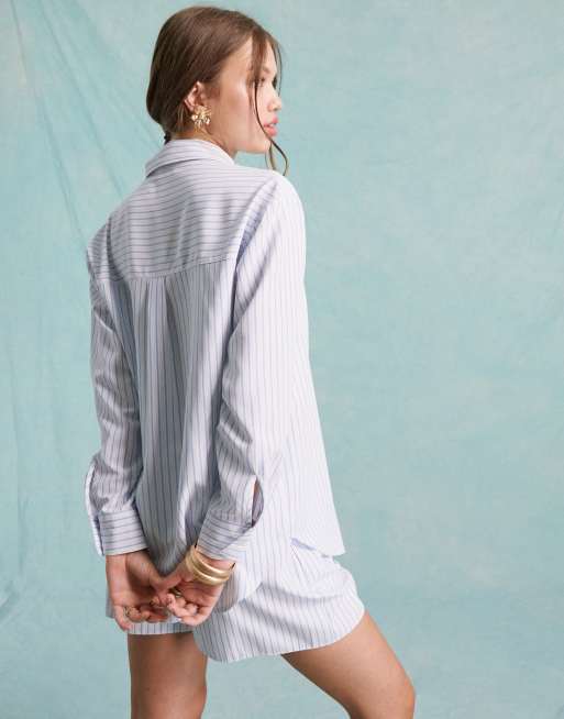 Miss Selfridge poplin oversized shirt in white and blue stripe (part of a set), 3 of 4