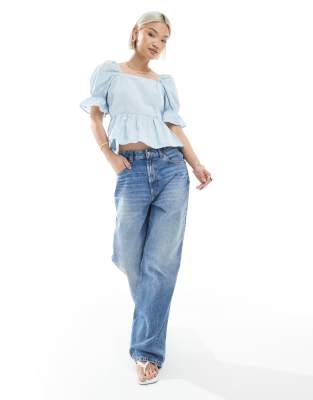 Miss Selfridge Poplin Peplum Top In Blue