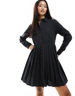 Miss Selfridge poplin pleated shirt dress in black - ASOS Price Checker