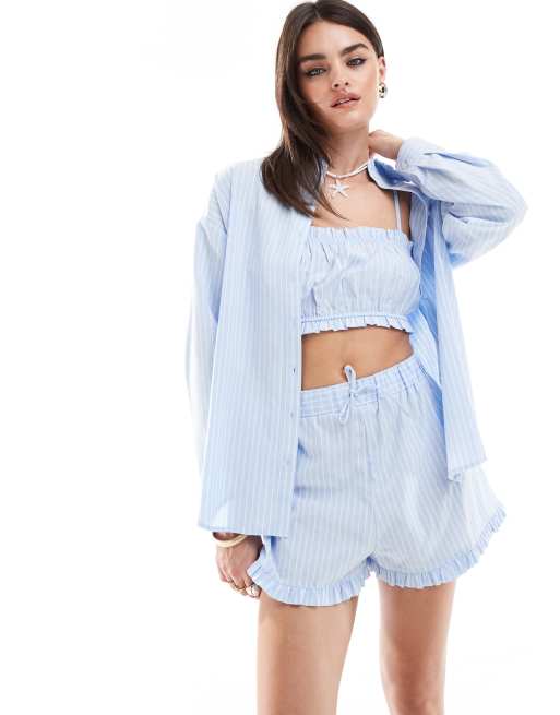 Miss Selfridge poplin pull on short co ord in blue stripe, 2 of 5