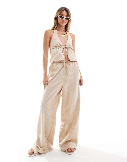 Miss Selfridge poplin relaxed wide leg pants in beige pinstripe (part of a set)