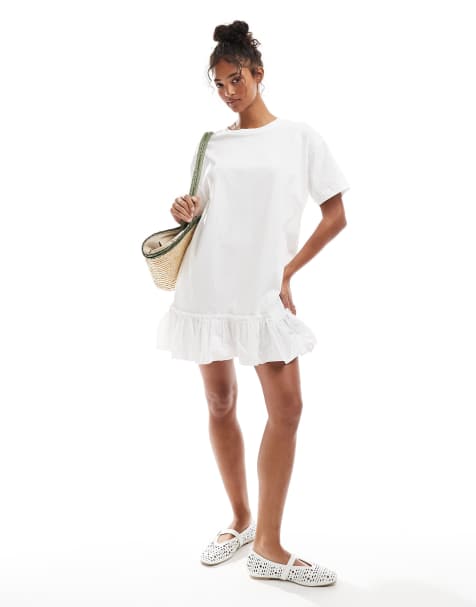 Miss Selfridge poplin ruffle detail T-shirt dress in white - view 1