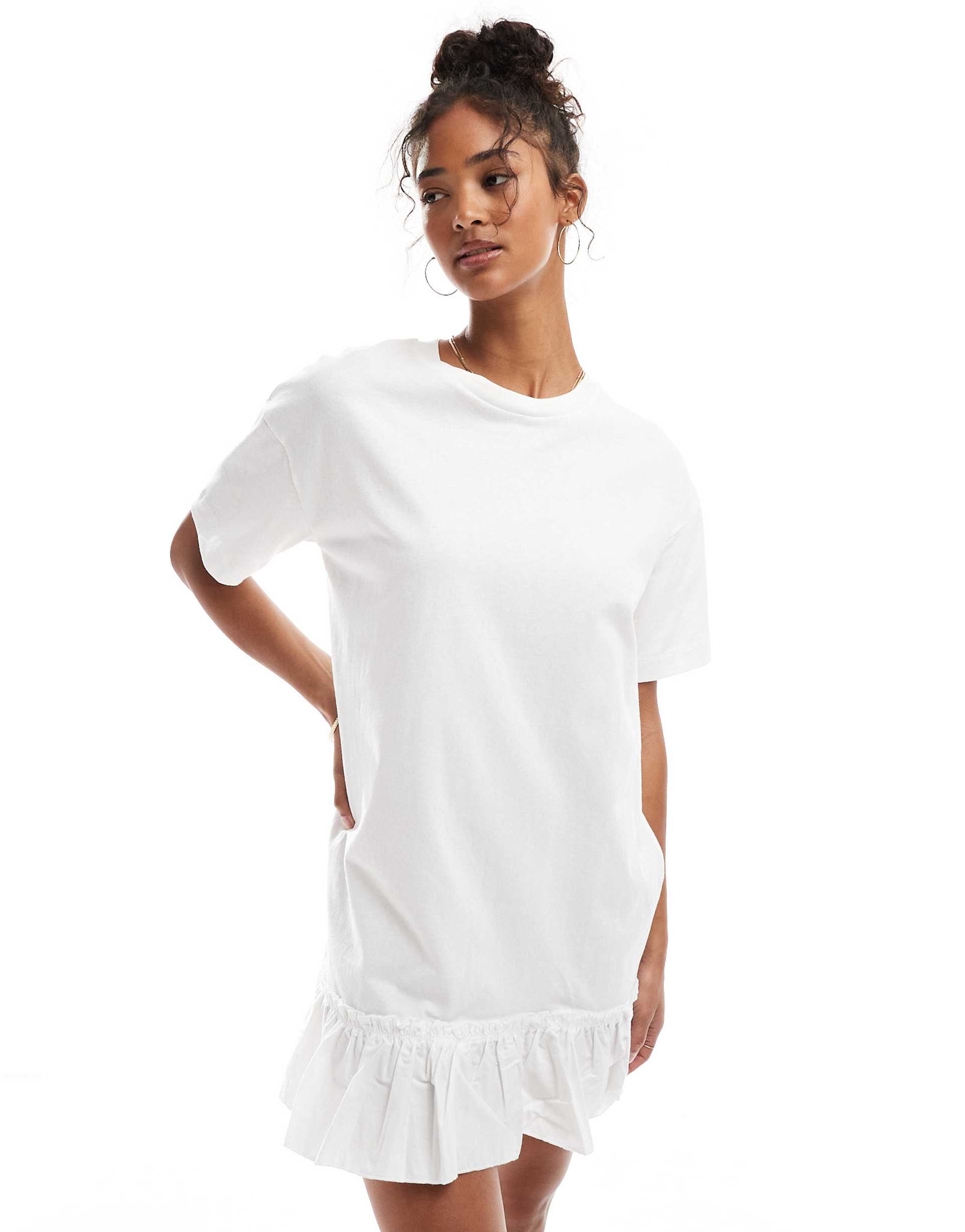 miss selfridge poplin ruffle detail t-shirt dress in white