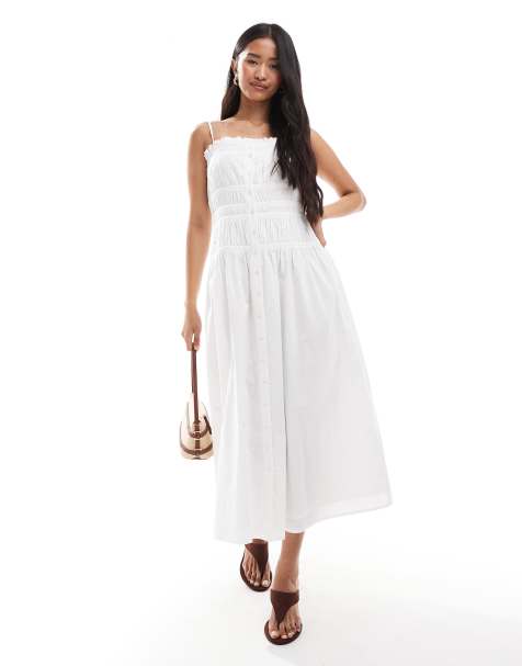 Miss Selfridge poplin shirred body button through maxi dress in white - view 1