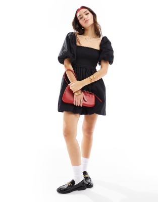 poplin shirred bubble hem mini dress in black