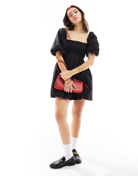 Miss Selfridge poplin shirred bubble hem mini dress in black - view 1