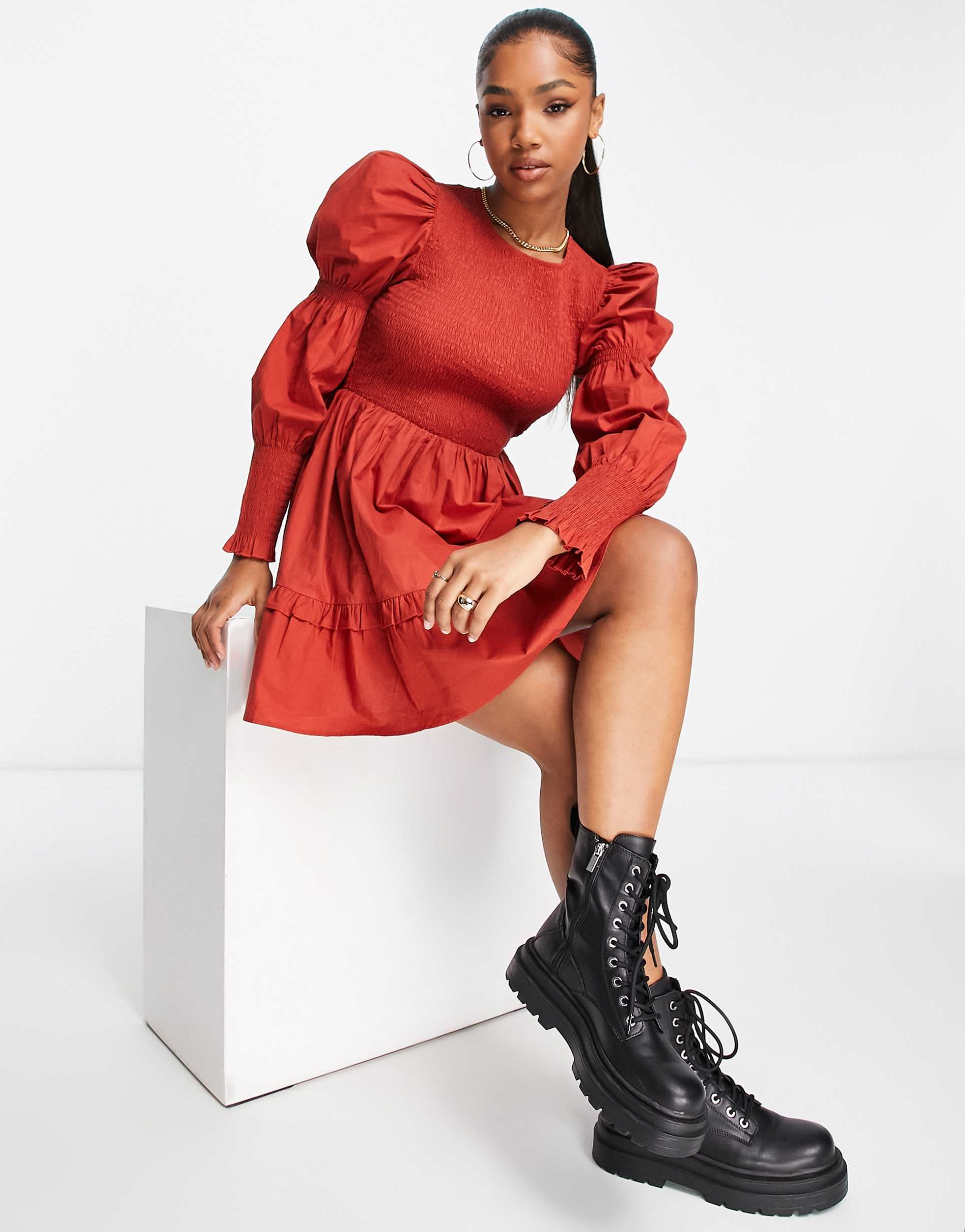 miss selfridge poplin shirred sleeve mini dress in rust